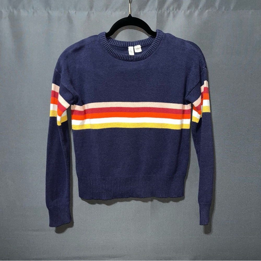 Sky and Sparrow Sweater Size XS Navy Blue Multi Color Stripe Knit Retro Pullover